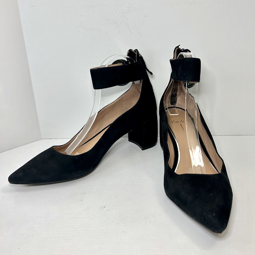 Paolo Linea Black Suede Buckle Ankle Strap Zipper Back Chunky Heel Shoes Size 11
